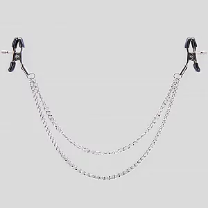Bondage Boutique Adjustable Nipple Clamps with Double Chain Silver
