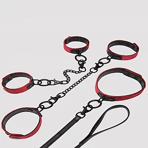 Bondage Boutique Ruby Velvet Collar Wrist and Ankle Cuff Kit 3 Piece Red