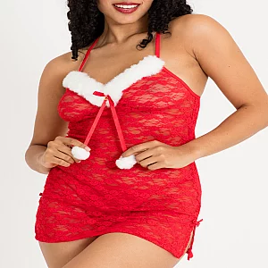 Lovehoney Fantasy Red Lace Santa Chemise Set Medium Red